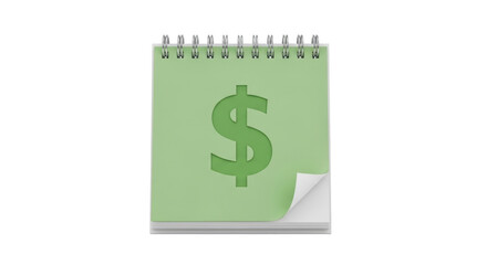 Isolated green notepad on rings with dollar sign - financial symbol, business, commerce concept