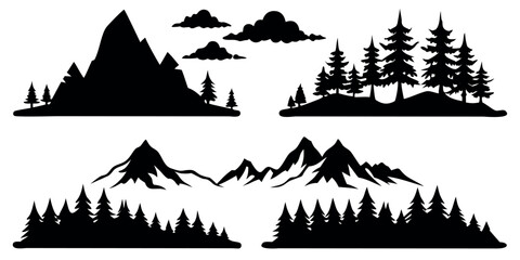 Vector Silhouette Set of Landscapes Mountain Sunrise Plain Horizon and Forest Trees