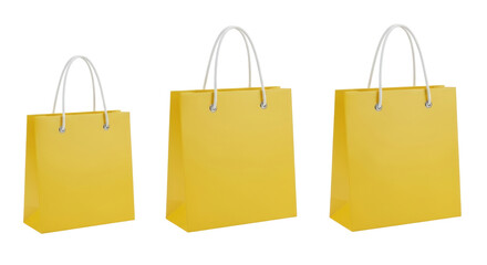 Isolated Three simple yellow shopping bags with white handles for retail sales or gifts