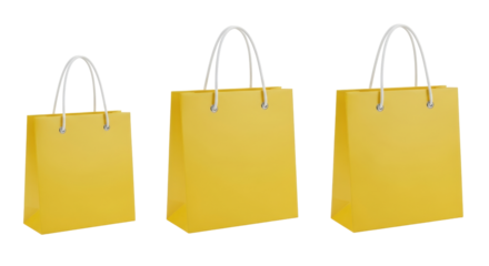 Isolated Three simple yellow shopping bags with white handles for retail sales or gifts