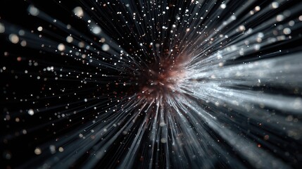 Abstract particle explosion creating light rays in dark space