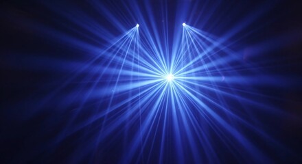 Fototapeta premium Three bright spotlights shining with blue laser beams in a dark room
