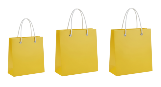 Isolated Three simple yellow shopping bags with white handles for retail sales or gifts