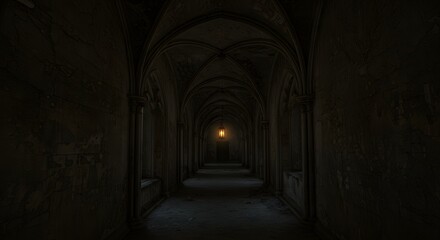 Abandoned gothic corridor with flickering lantern light
