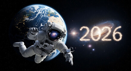 Astronaut floating in space with planet Earth behind, glowing numbers “2026” made of stars in the galaxy.