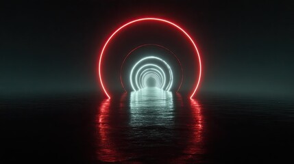Futuristic neon light tunnel leading to infinity