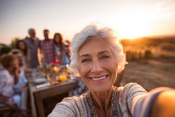 Happy senior woman takes selfie at warm family gathering