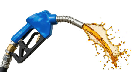 Isolated gas pump nozzle with fuel splashing out in a dynamic spray, fuel industry concept