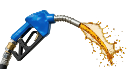 Isolated gas pump nozzle with fuel splashing out in a dynamic spray, fuel industry concept