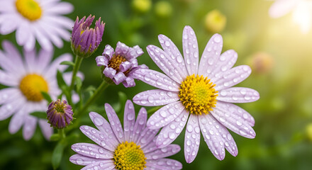 Obraz premium Dew Drops on Purple Daisy Petals in Sunlight flower