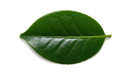 Fototapeta premium Single vibrant green tea leaf isolated on a clean white background.