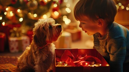 Child and dog looking into open Christmas gift box, joyful holiday moment captured