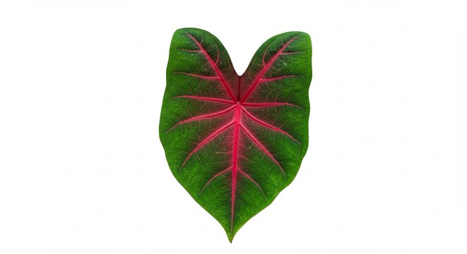 Vibrant Caladium leaf with striking red veins and green edges on a white background.