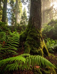 Fototapeta premium Large ferns and moss growing around the base of a solitary tree trunk