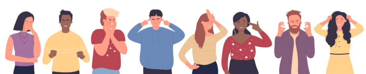 Stress and bad emotions of unhappy adult people vector illustration. Cartoon man and woman arguing, frustrated guy covering ears and head with arms, sad annoyed girl with headache isolated on white