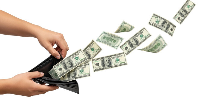 Isolated close-up of money falling out of a wallet, demonstrating financial troubles concept