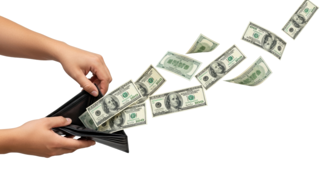 Isolated close-up of money falling out of a wallet, demonstrating financial troubles concept