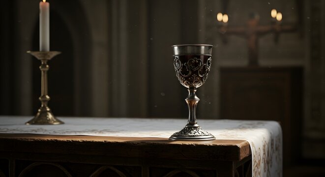 Silver goblet with red wine on gothic altar