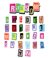 Ransom style alphabet letters cut from magazines in various colors and sizes on white background