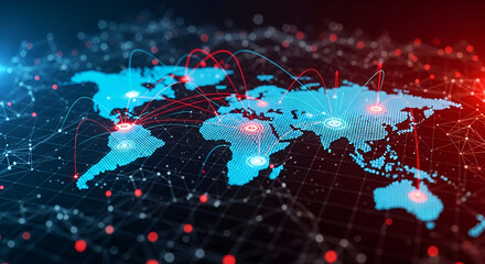 Digital world map with glowing connections and nodes