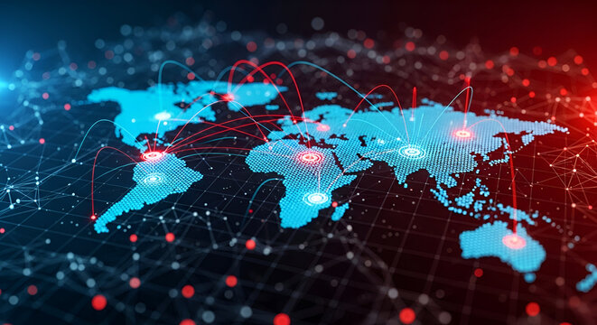 Digital world map with glowing connections and nodes