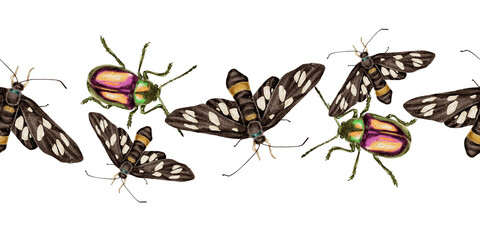 Seamless watercolor border with forest insects black moths Amata phegea and iridescent beetles in green purple gold tones. illustration for textiles packaging wrapping paper and eco-themed products.