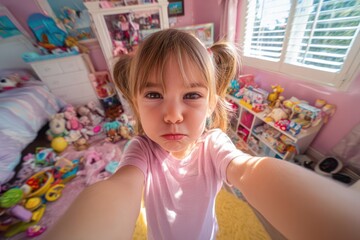 Fototapeta premium Playful Little Girl Taking Silly Selfie in Toy Room