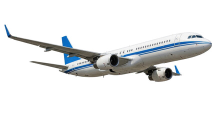 Isolated airplane passenger aircraft flying under sky with blue stripes for advertisement