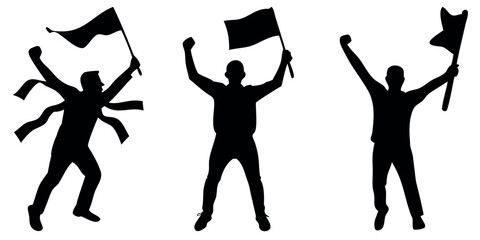 Vector Silhouette Set of Sports Fans Holding Flag Jumping and Clapping