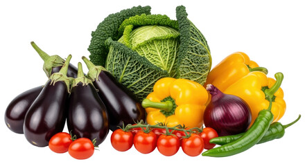 Isolated vegetables arrangement of cabbage, peppers, aubergines, tomatoes, and chili peppers