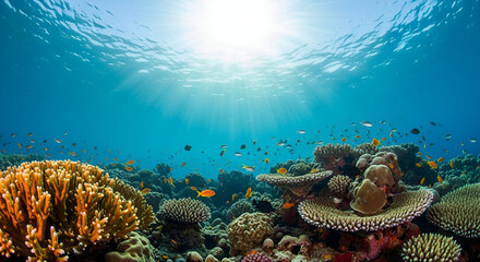 Sunbeams shining on a vibrant coral reef underwater