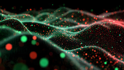 Abstract Wavy Particle Surface with Green and Red Glowing Dots	