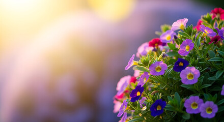 Sunlight illuminates vibrant purple and pink flowers in a garden