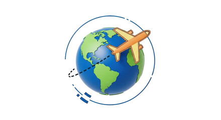 Isolated world travel concept with globe and airplane, global flight route around Earth