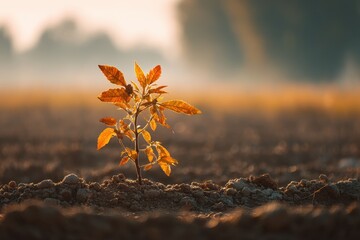 Golden Sunrise Illuminates Young Plant in Fertile Earth, Hopeful Growth Concept.