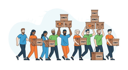 A diverse group of community volunteers walking in a line carrying donation boxes for a charity cause.