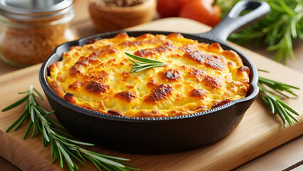 Delicious shepherds pie in a cast iron skillet garnished with rosemary on a wooden cutting board