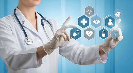 Doctor interacting with medical icons on a digital interface