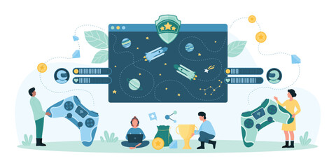 Live competition in space video game challenge between gamers vector illustration. Cartoon tiny people play on online platform, players characters control rockets on digital screen with gamepads © Flash Vector