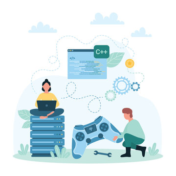 Game development and production vector illustration. Cartoon tiny people repair gamepad and develop online video games, developers programming application and software, coding in editor on screen