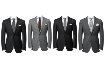 Isolated men's suit coats in a row formal, elegant fashion for office wear & wedding apparel