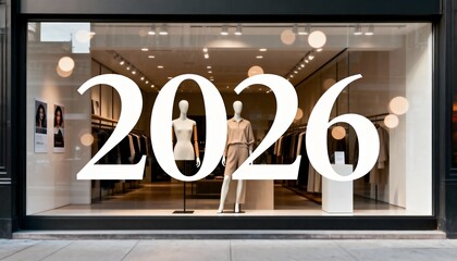 Large fashion store window with mannequins and giant 2026 numbers, symbolizing seasonal transitions, evolving trends, and the upcoming year as a reflection of change, identity and modern retail.