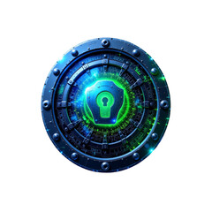 Secure your digital assets high-tech shield design virtual space graphic art futuristic environment close-up view cybersecurity concept