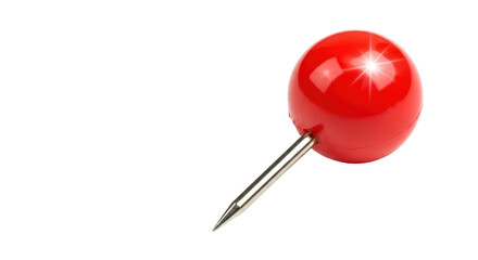 Isolated red round push pin tack with a metal needle against a clean surface, close-up
