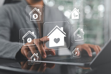 Naklejka premium Real estate concept business, home insurance and real estate protection. Buy and sell houses and real estate online on a virtual screen.