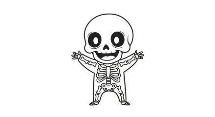 A cartoon skeleton, wearing a hat and bow tie, juggles jack-o'-lanterns against a purple background.