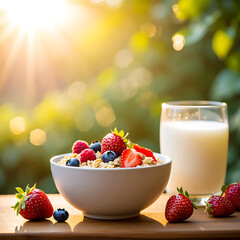 Bowl of granola with fresh berries and a glass of milk in the morning sunlight outdoors