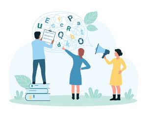 Speech therapy vector illustration. Cartoon tiny people healing pathology of pronunciation and articulation, speaking disorder of adults and kids, work with speech bubble and tangle of letters