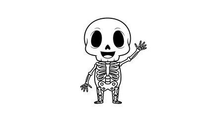 A cartoon skeleton, wearing a hat and bow tie, juggles jack-o'-lanterns against a purple background.