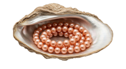 Isolated oyster shell showcasing a beautiful strand of peachy-pink cultured pearls elegance